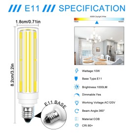 TZHILAN E11 LED Bulb JDE11 120V 100W Halogen Equivalent Bulbs, COB 10W Dimmable 6000K Cool White Ceiling Fan Bulb for Chandeliers, Ceiling Fans, Cabinet Lighting AC120V, 4 Pack