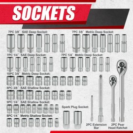 EACELIY 69pcs 1/4”&3/8"" Drive Impact Socket Set,Drive Master Socket Set,SAE/Metric, Deep & Shallow with Drive Head Ratchet,Drive Spark Plug Socket,Extension bar (3” & 6”),6 Point,CR-V Steel, Mirror