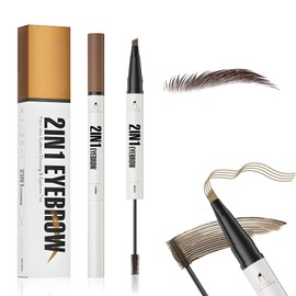 Eyebrow Pencil with Brow Gel, 2-in-1 Microblading Eyebrow Pen & Brow Gel, 4 Fork Tip & Precise Brush-Tip for Fuller-Looking Defined, Waterproof Smudge-Proof, 24H Wear, Natural Effect (Dark Brown)
