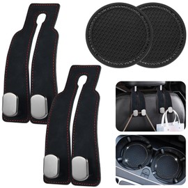 YFPOPONE 2PCS Car Seat Back Double Hook with Car Coasters,Leather Car Seat Hooks,Car Headrest Hook Multifunctional Car Hanger Storage Car seat Storage Hook for Bags Purses Handbags (Black)