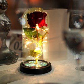 MUCH Red Silky Rose Flower In Glass Dome LED Night Light Enchanted Eternal LED Flower