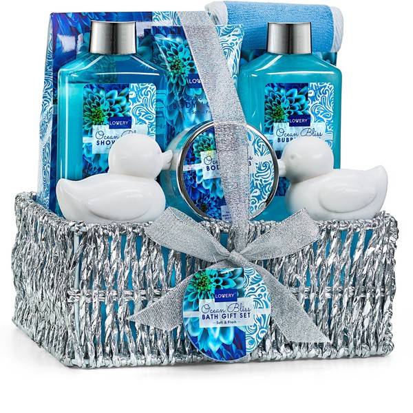 Fathers Day Spa Gift Basket in Heavenly Ocean Bliss Scent - 9 Piece Bath & Body Set With Shower Gel, Bubble Bath, Bath Salt, Body Lotion & More! Great Wedding, Birthday or Graduation Gift for Women