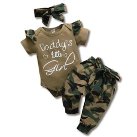 AMAWMW Baby Girl Clothes Set Daddys Little Girl Ruffle Romper Top Camouflage Pants Newborn Girl Outfit Green 0-3 Months