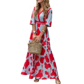 XNC Womens Summer Cross V Neck Short Sleeve Party Long Dresses Red Boho Floral Flowy Split Cocktail Maxi Dress with Pockets
