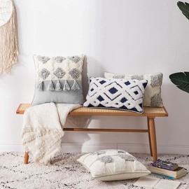 MOCOFO Cushion Cover Woven Tufted Tassel Cushion Sofa Cushion Bohemian Embroidery Cushion Cover Only Sofa Bedroom Car Living Room (Beige and Grey, 45 x 45 cm)