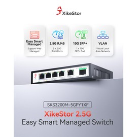 XikeStor 5 Port 2.5G Web Managed Ethernet Switch with 10G SFP+, 2.5Gb Network Homelab Switch Support LACP/VLAN/QoS/STP/IGMP, Fanless 2.5 Gigabit Managed Switch, Metal Housing, Desktop/Wall-Mount