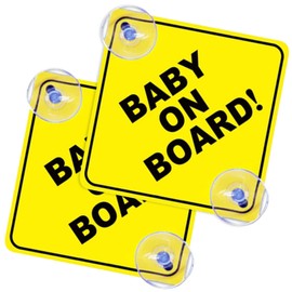2 Pcs Baby on Board Sign for Car, 5"x5" Safety Signs with Double Suction Cups, Baby on Board Car Signs, Reusable Durable Cars Ba-by Stickers - Bright Yellow and See