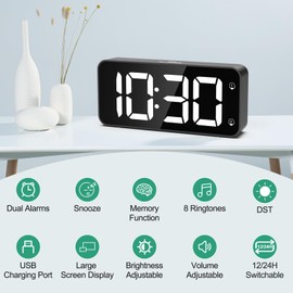 HERMIC Alarm Clock Bedside Mains Powered Large Digital Led Display, 0-100% Dimmer, Adjustable Alarm Volume, Snooze, Dual Alarm, 12/24H, 8 Ringtones, USB Charging Port, Easy to Use Black