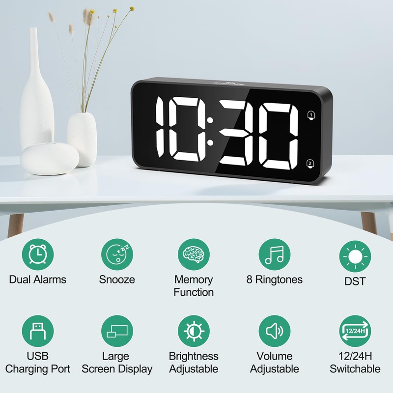 HERMIC Alarm Clock Bedside Mains Powered Large Digital Led Display,