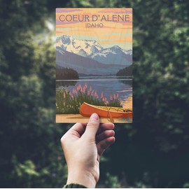 Coeur d'Alene, Idaho, Lake Scene and Canoe (4x6 Birch Wood Postcards, 2-Pack Stationary, Rustic Home Wall Decor)