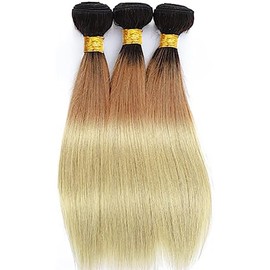T1B/27/613 Human Hair Bundles Straight Ombre Hair Bundles Three Tone Black to Brown Hair Extensions For Black Women Brazilian Remy Hair Bundles Honey Blonde Bundle 26 28 30 inch