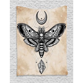 Black Moth with Skull Face in Gothic Grunge Style, Connect with Crescent Moon and Precious Stone, Bedroom Living Room Dorm Wall Hanging Tapestry 60"H x 80"W