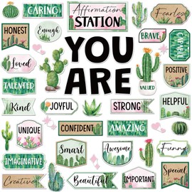 Weekgrat 45pcs Cactus Affirmation Station Bulletin Board Set Motivational Posters Classroom Mirror Growth Mindset Decor Positive Affirmations Accents Cutouts for School Office Home Teacher Wall