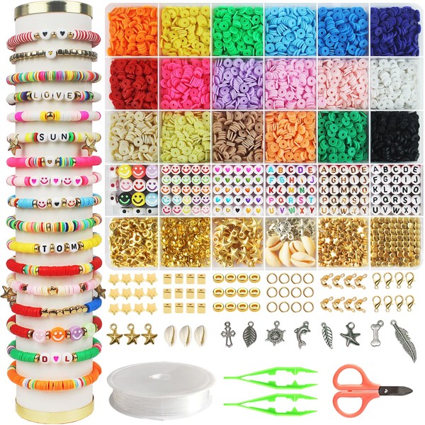 Hbnlai 5300 Clay Beads Bracelet Making Kit, Friendship Bracelet Kits Flat Preppy Beads for Jewelry Making, Polymer Heishi Beads with Charms Gifts for Teen Girls Crafts for Girls Ages 8-12