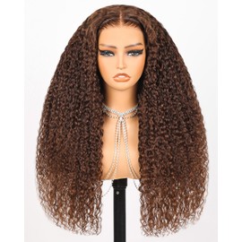 Megalook hair Glueless Wigs Human Hair Pre Plucked Pre Cut 6x5 HD Lace Closure Wig Chocolate Brown Deep Wave Lace Front Wigs Wear and Go Glueless Brown Curly Wig Human Hair 20 Inch 4#