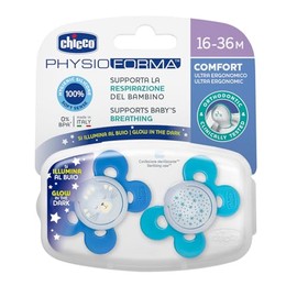 Chicco PhysioForma Comfort, Chupete 16-36 Meses, 2 Piezas, Chupetes con Tetina de Silicona, Ayuda a la Respiración Fisiológica, Favorece el Desarrollo Correcto de la Boca, Colores Surtidos, Azul Claro