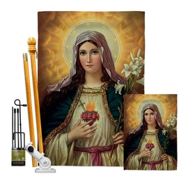 Feast of The Immaculate Heart of Mary Flag Kit Stand Pole Wall Hanging Decor Home Poster Balcony Religious Canvas Room Tapestry Faith Cemetery Decorations for Grave Yard Sign Catholic Gift