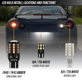 USR Amber Turn Signal & White Reverse Backup & White License Plate LED Bulbs Canbus Error Free - 6 Pieces Combo UPGRADE Compatible with 2009-2014 Nissan GTR Tail Lights (Fits Factory Tail Lamps)