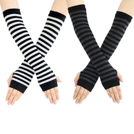 SwirlColor Women's Striped Arm Warmers Arm Long Fingerless Gloves for Women Sleeves Arm Warmers Autumn Winter Accessories, White, grey