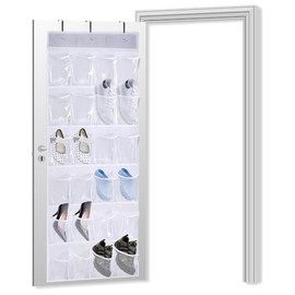 JINGIHE Over the Door Shoe Hanging Storage Organiser, Shoes Racks Holder with 3 Hooks, 24 Large Clear PVC Pockets Storage Hanger for Bedroom Bathroom Wardrobe Closet (150cm×45cm, Black)