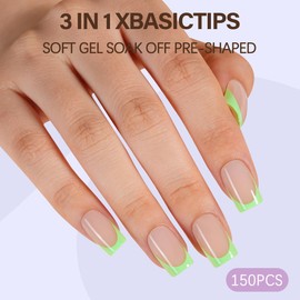 Misssix XBASICTIPS Green French Tip Press On Nails, 150Pcs French Gel Nail Tips Short Square, Soft Gel Pre-shaped No Need to File 3 in 1 Tips, Fake Nails for Nail Art DIY Extension Designs 15 Sizes