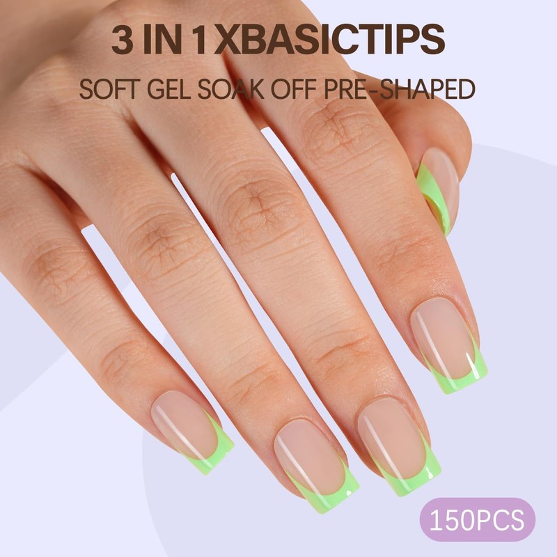Misssix XBASICTIPS Green French Tip Press On Nails, 150Pcs French