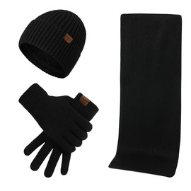 Kuukaas 3 in 1 Hat Scarf and Touchscreen Glove for Men and Women Winter Hat with Inner Lining Winter Warm Set, black