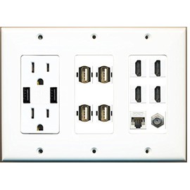 RiteAV - (3 Gang Outlet with 2X USB Charger 4 HDMI Coax Cat5e 4 USB A-A Wall Plate White