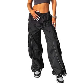 LQI Parachute Pants for Women Elastic Waistline Drawstring Cargo Pants Y2K Womens Joggers with Pockets Casual Hiking Pants B Black