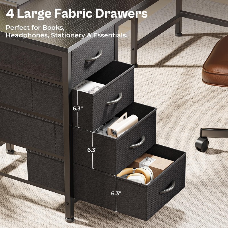 Huuger 63 Inch L Shaped Desk with Fabric Drawers, Reversible