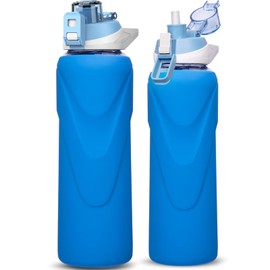 DEARRAY 32 oz Sports Glass Water Bottle with Straw & Silicone Sleeve Reusable BPA-free Borosilicate Glass Drinking Bottle with Flip Top Lid & Handle Wide Mouth (Dark Blue)