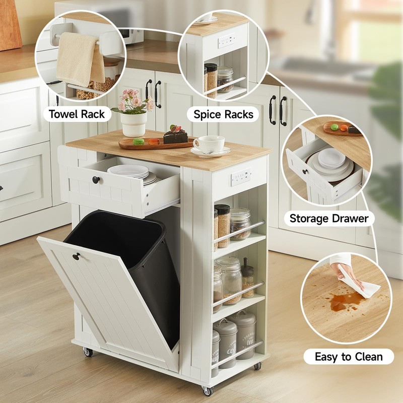 Rolling Kitchen Island with Trash Can Cabinet, 6-Tier Spice Rack,