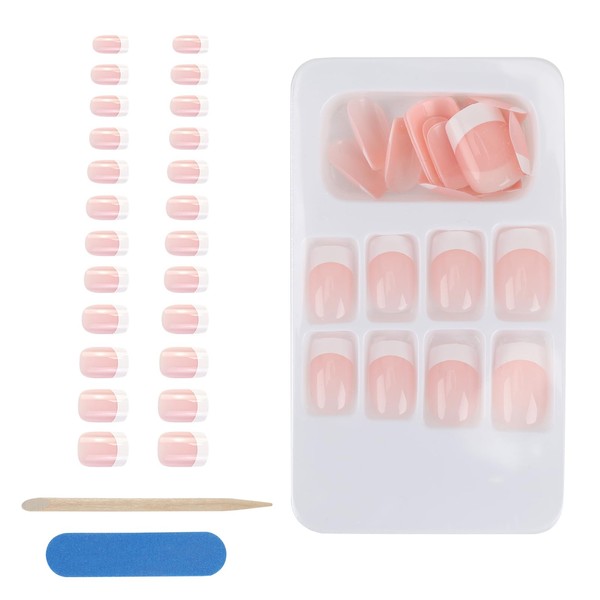 Pack of 24 French Press On Nails, Gel Nail Tips, Nude French Artificial Fake Nails for Sticking, with Small Wooden Stick and Rubbing Strips, Gel Nail Strips for Women Girls (Pink White)