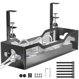 Under Desk Cable Management Tray No Drill, Metal Mesh Cable Management Under Desk with Clamp Mount, 2 Hole Cable Tray with Wire Management and Cord Organizer for Home Office Standing Desk