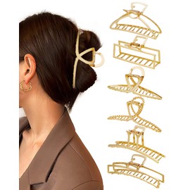 Kavya Hair Claw Large Metal Pack of 6 Hair Clips Women's Non-Slip Hair Clip Gold Strong Hold Hair Clips for Women Thick Thin Long Hair