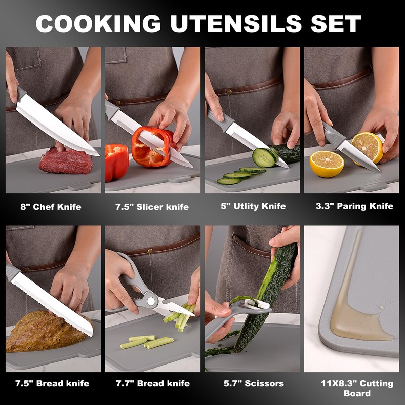 YJHOLE 17pcs Kitchen Utensils Set with Sharp Stainless Steel Knives