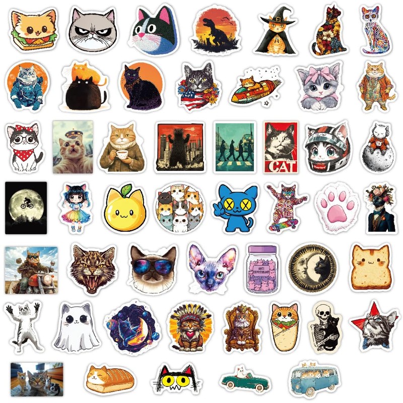 50PCS Cute Cat Stickers – Waterproof Vinyl Kitty Decals for