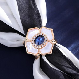 Kokoma Elegant Flower Scarf Ring for Lady Blue Crystal CZ Floral Scarf Brooch Buckle Shawl Clip Silk Scarf Clip Decoration Accessories Jewelry Statement Ring for Women
