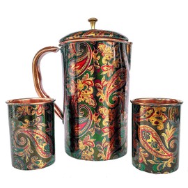 Rastogi Handicrafts Solid Copper Screen Printed Jug and 2 Tumblers Set 1 Pitcher 2 Tumbler