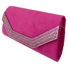Leah Ward Women's Faux Suede Leather Clutch Bag For Wedding Evening Diamante Handbags 2157 (Fuchsia)
