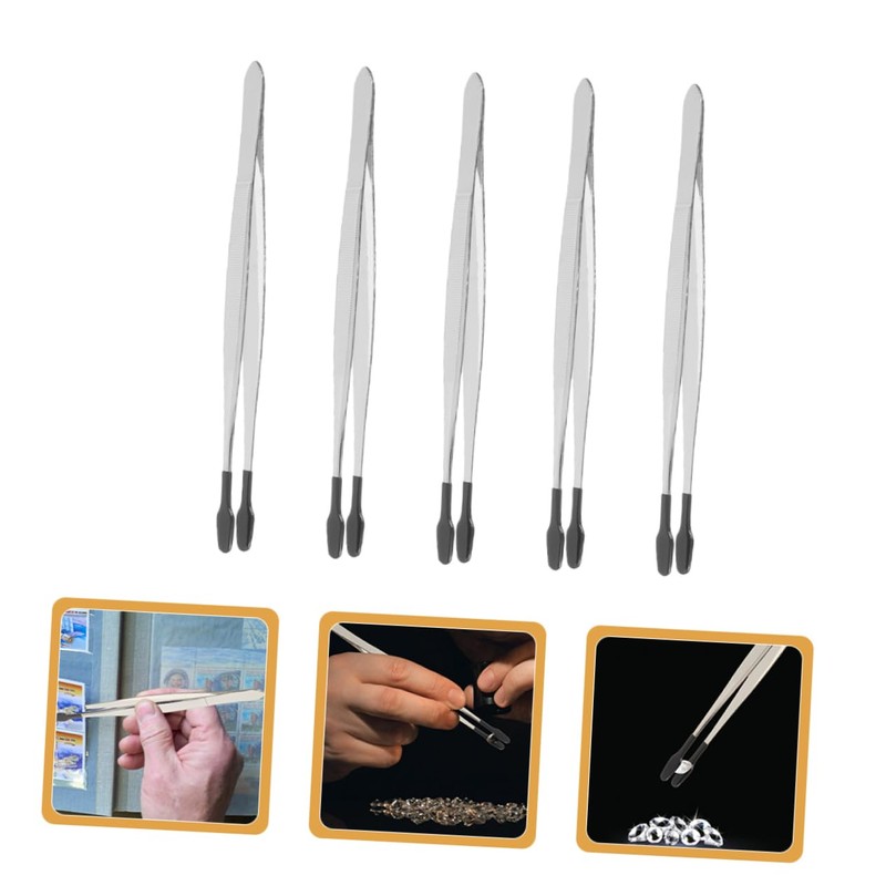 VICASKY 5pcs Stamp Collecting Tweezers Flat Grip Craft Tool for