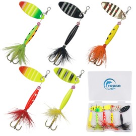 5 Pack Fishing Spinner Lures Kit, Rooster Tail Fishing Lures Spinnerbaits Copper Body Blade Inline Spinner, Stainless Steel Shaft Beads Treble Hooks Spinner Baits Kit for Bass Trout Salmon