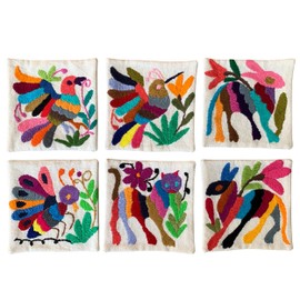 Two Sisters | Juego de 6 Portavasos, Variados Dibujos Bordado a Mano Auténtico Artesanal Original de Tenango México. 11 x 11 centímetros cada uno. Multicolor. (Multi)