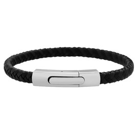 Geoffrey Beene Men's Braided Genuine Leather Fashion Bangle Bracelet with Stainless Steel Clasp (Silver)