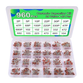 AOICRIE 960PCS Ceramic Capacitor Assortment Kit, 24 Types Capacitors Range 2pf to 0.1uf with Storage Box for Hobby Electronics, Audio-Video and Car Repair