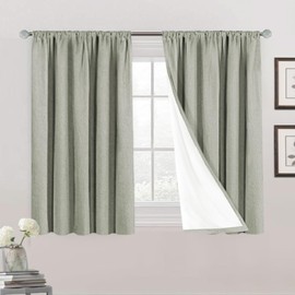 PrinceDeco Natural Linen Curtains 45 inches for Small Window Rod Pocket Complete Blackout Drapes with White Liner,Thermal Insulated & Noise Reducing Panels(Set of 2, Sage)