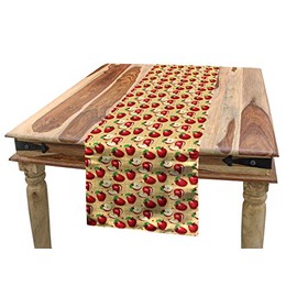Lunarable Manzana Camino de Mesa, Fondo de Madera Natural, Decorativo para el Comedor o Sala de Estar Fácil de Limpiar, 16" X 120", Arena Marrón Verde Rojo