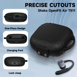 [Secure Lock] Case for OpenFit Air T511 Open-Ear Headphones, Silicone Anti-Slip Anti-Scratch Protective Cover for OpenFit Air T511 Earbuds Charging Case with Carabiner (Black)
