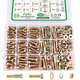 FOLIV 566Pcs Heavy Duty Bolts and Nuts Assortment Kit, Grade 8 Hex Screws Bolts Nuts Kit, 1/4-20 5/16-18 3/8-16, 15 Common Sizes Included