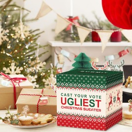 Christmas Ugly Sweater Contest Ballot Card Box, Voting Cards Box Set with 50 Voting Cards, Ugliest Sweater Contest Ballot Box for Game & Party Supplies, Holiday Xmas Games Party Decorations